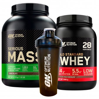 Optimum Nutrition Proteine Whey Serious Mass 2,73kg e Gold Standard 100% Whey Cioccolato al Latte 896g con Shaker 