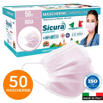 Sicura Protection 50 Mascherine Chirurgiche Monouso Filtranti Tipo II R in TNT Rosa