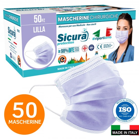 Sicura Protection 50 Mascherine Chirurgiche Monouso Filtranti Tipo II R in TNT Lilla