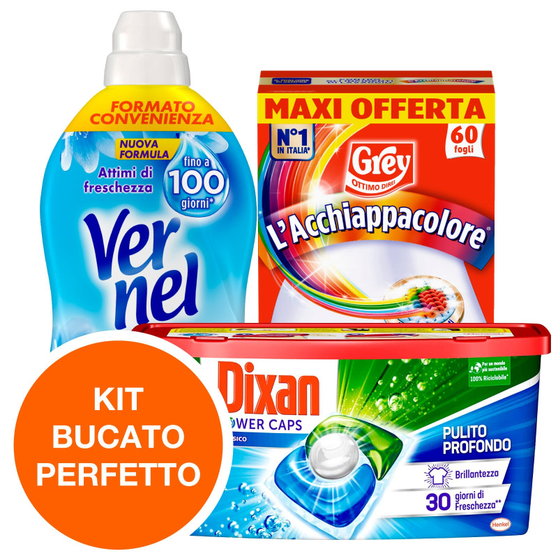 Kit Bucato Perfetto Detersivo Dixan Power Caps + Ammorbidente Vernel Kit Bucato Perfetto Detersivo Dixan Power Caps + Ammorbidente Vernel