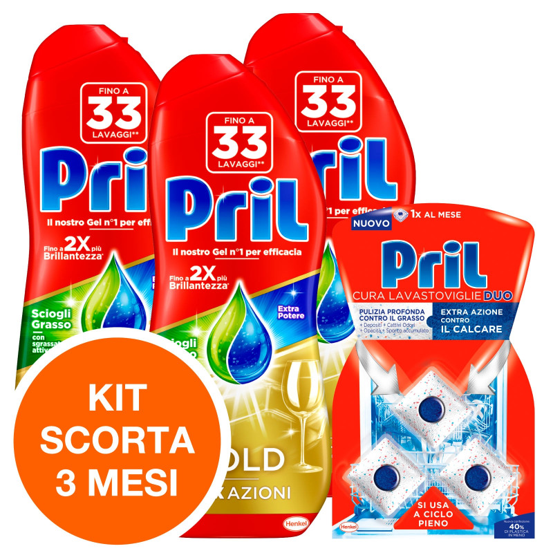 Kit 3 Mesi Pril Gold Sciogli Grasso e Pril Cura Lavastoviglie Duo - 3 Kit 3 Mesi Pril Gold Sciogli Grasso e Pril Cura Lavastoviglie Duo - 3