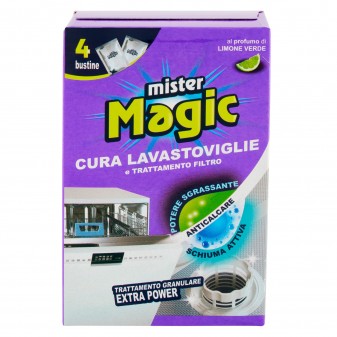 Mister Magic Cura Lavastoviglie e Trattamento Filtro Profumo Limone Verde - Confezione da 4 Buste