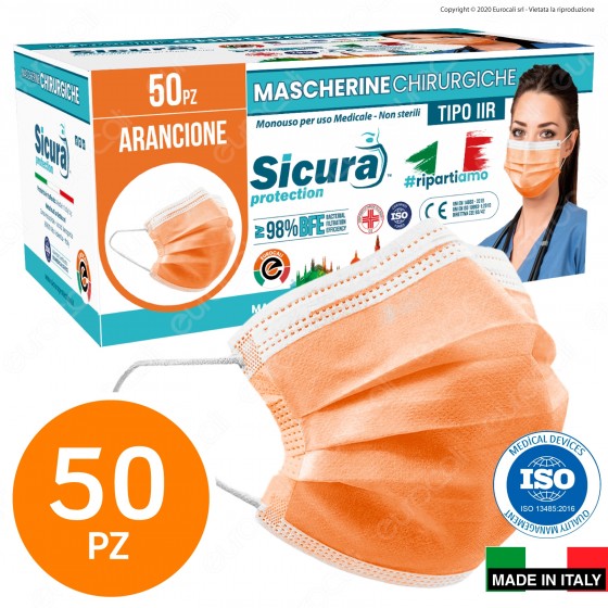 Sicura Protection 50 Mascherine Chirurgiche Monouso Filtranti Tipo II R in TNT Arancioni Sicura Protection 50 Mascherine Chirurgiche Monouso Filtranti Tipo II R in TNT Arancioni