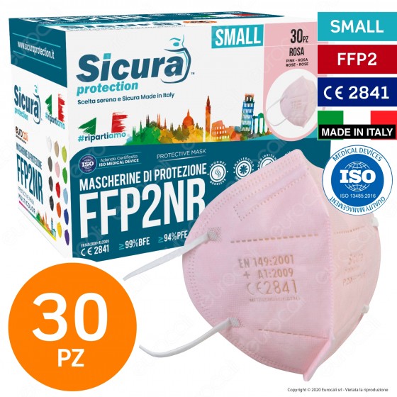 Sicura Protection 30 Mascherine Small Colore Rosa Elastici Bianchi Filtranti Monouso con Protezione Certificato FFP2 NR in TNT Sicura Protection 30 Mascherine Small Colore Rosa Elastici Bianchi Filtranti Monouso con Protezione Certificato FFP2 NR in TNT