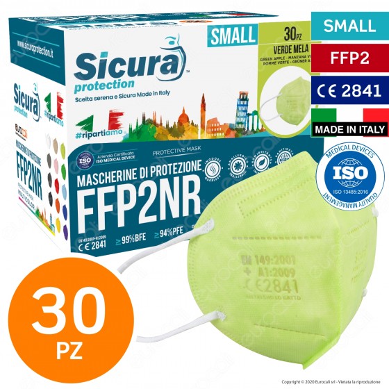 Sicura Protection 30 Mascherine Small Colore Verde Mela Elastici Bianchi Filtranti Monouso Protezione Certificato FFP2 NR Sicura Protection 30 Mascherine Small Colore Verde Mela Elastici Bianchi Filtranti Monouso Protezione Certificato FFP2 NR