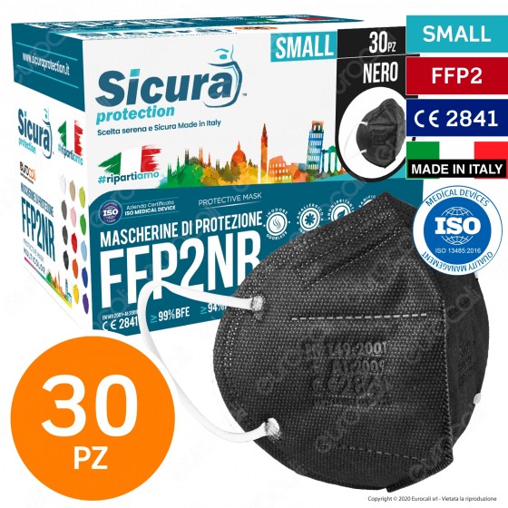 Sicura Protection 30 Mascherine Small Colore Nero Elastici Bianchi Filtranti Monouso Protezione Certificato FFP2 NR Sicura Protection 30 Mascherine Small Colore Nero Elastici Bianchi Filtranti Monouso Protezione Certificato FFP2 NR