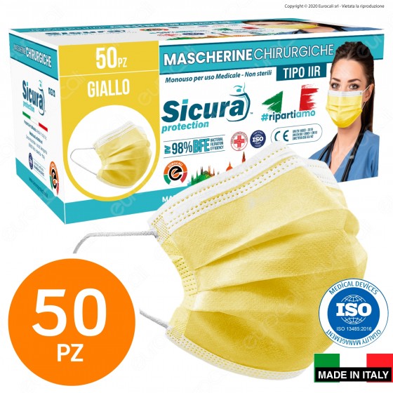Sicura Protection 50 Mascherine Chirurgiche Monouso Filtranti Tipo II R in TNT Gialle Sicura Protection 50 Mascherine Chirurgiche Monouso Filtranti Tipo II R in TNT Gialle