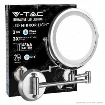 V-Tac VT-7571 Specchio bifacciale con Luce LED 3W Ingrandimento 1x - 3x Orientabile Colore Satinato - SKU 6628