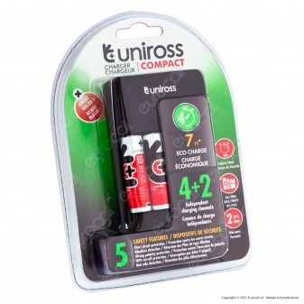 Uniross Caricabatterie Compact 4+2 per Batterie Ricaricabili AA - AAA - 9V e Cavo Micro USB con Batterie Incluse